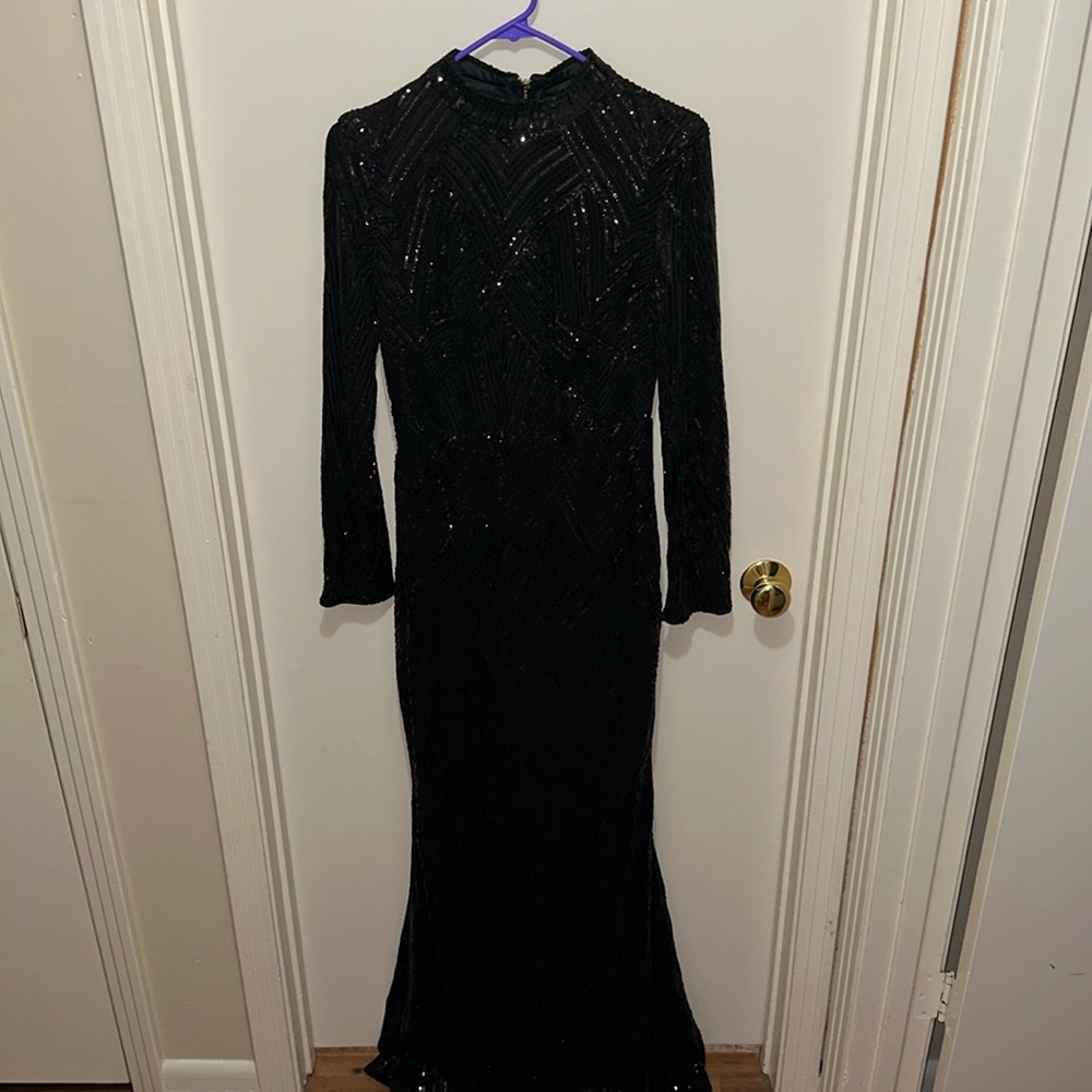 Black sparkly floor length ballgown with train